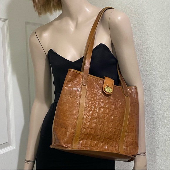 Vintage BRAHMIN Brown Embossed Croc Leather Medium Tote Shoulder Bag - Picture 1 of 16